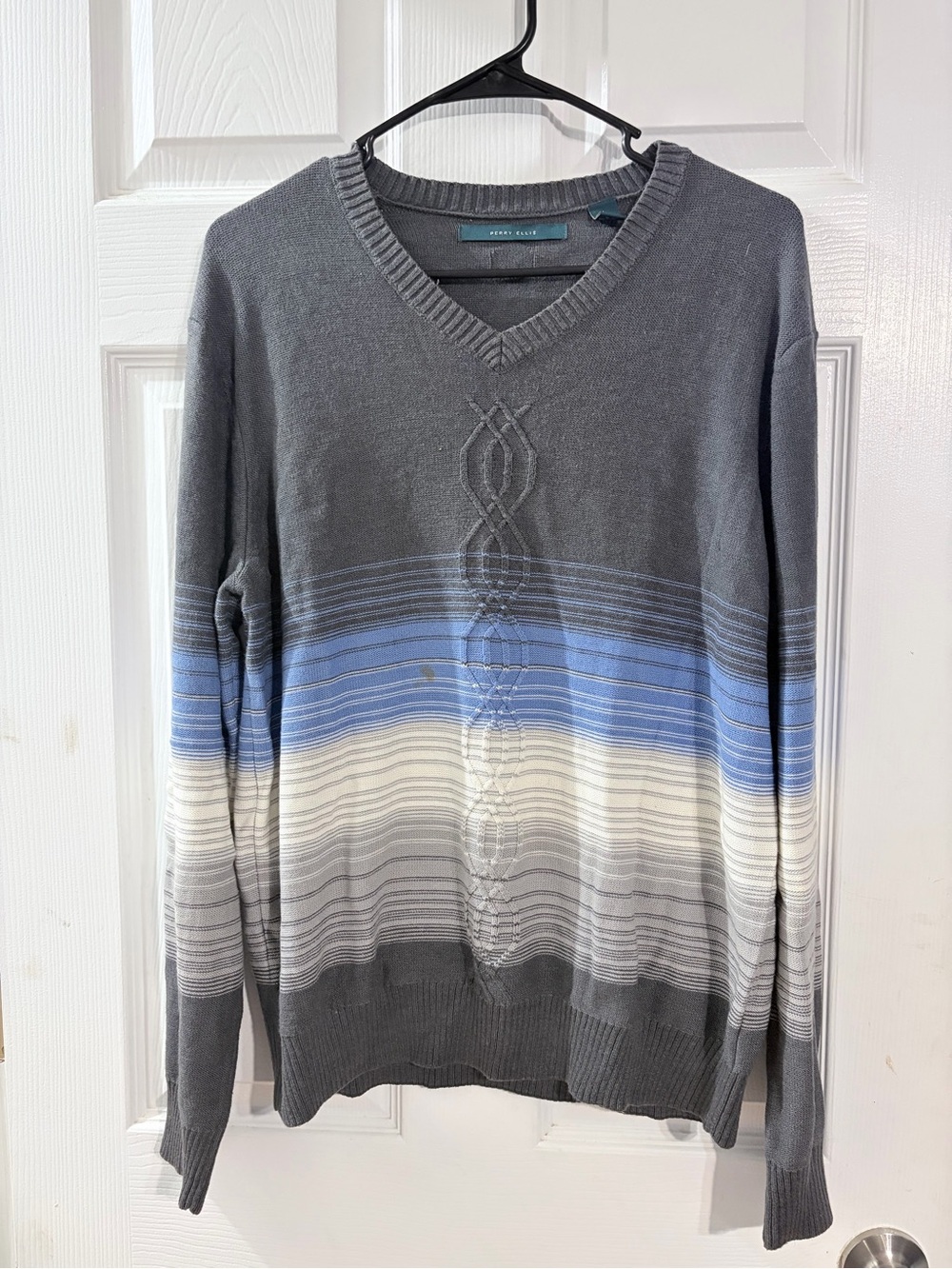 Perry Ellis Men’s L V-Neck Striped Cable Knit Sweater Gray Blue Cotton Blend